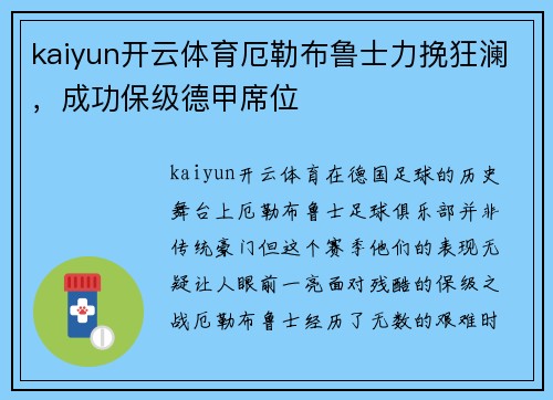 kaiyun开云体育厄勒布鲁士力挽狂澜，成功保级德甲席位